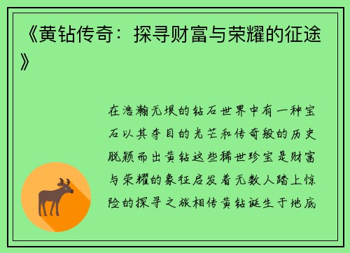 《黄钻传奇：探寻财富与荣耀的征途》